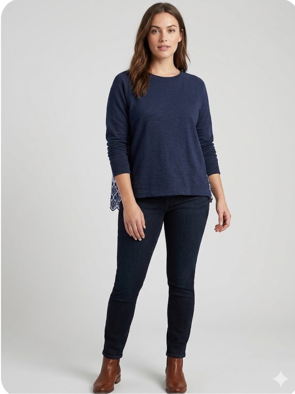 J. Crew Navy Long Sleeve Sweatshirt with Lace Hem